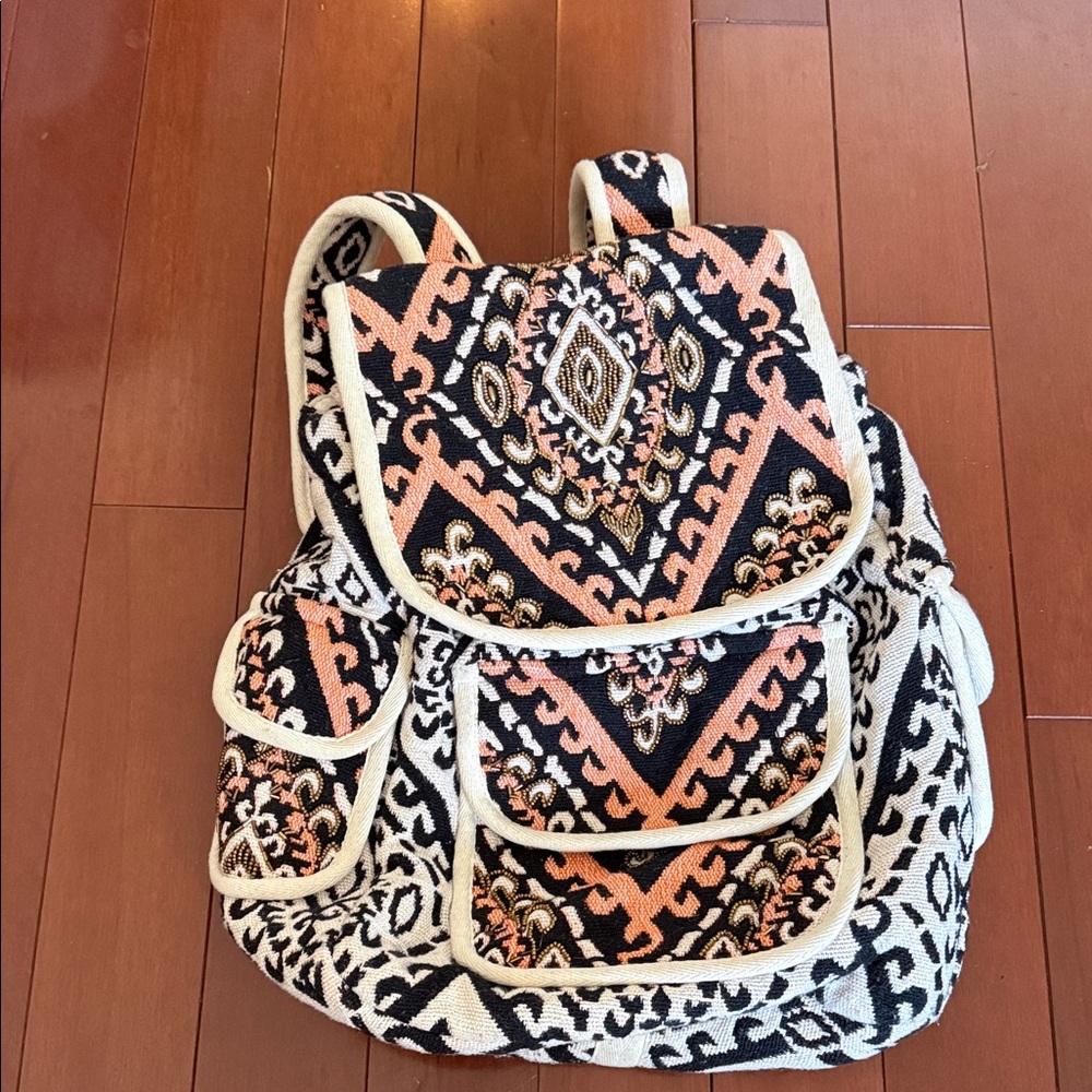 Boho Patterned Backpack With Black And Orange Acc… - image 1
